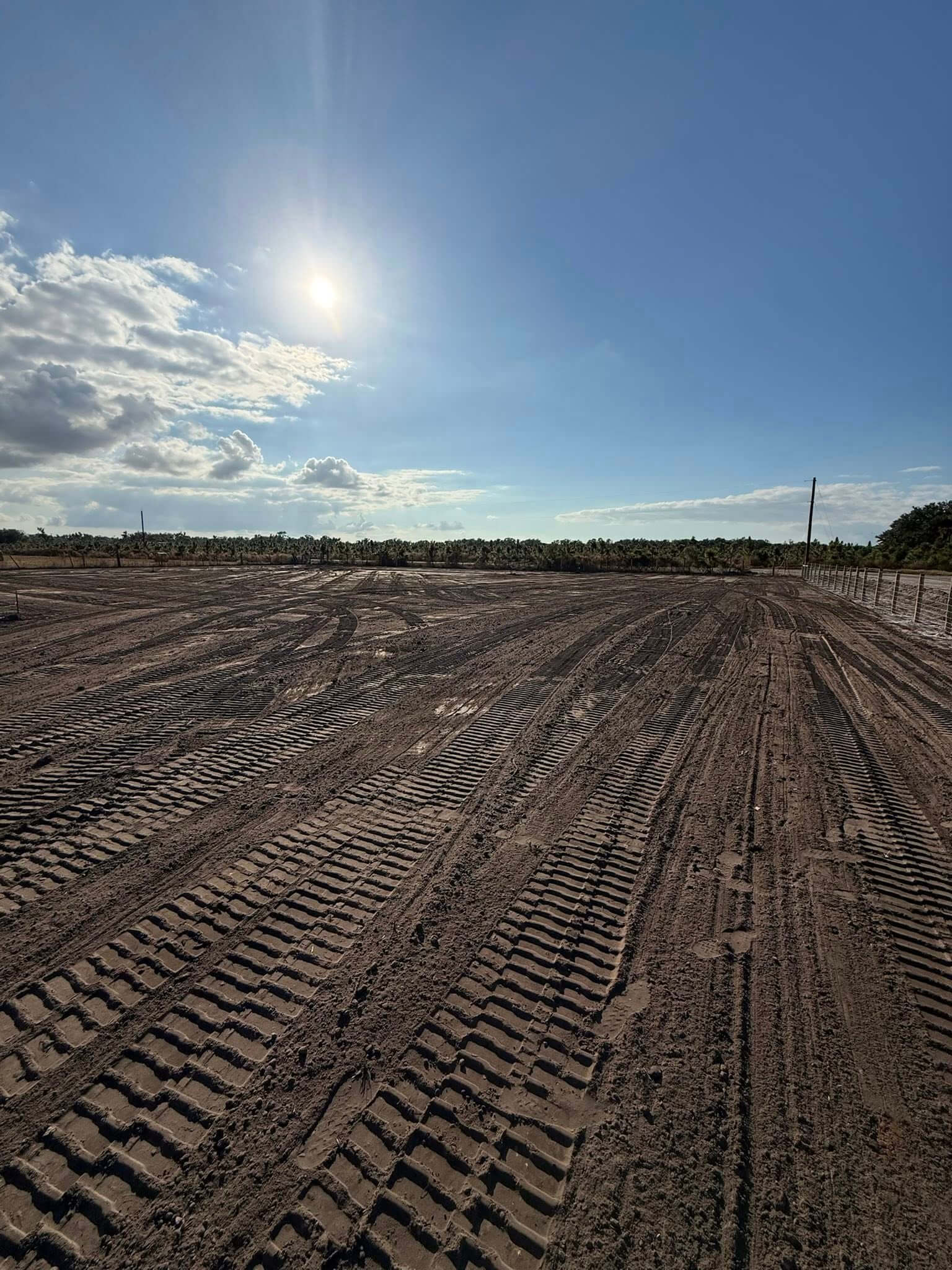 Precision graded field with geometric tire track patterns at sunset